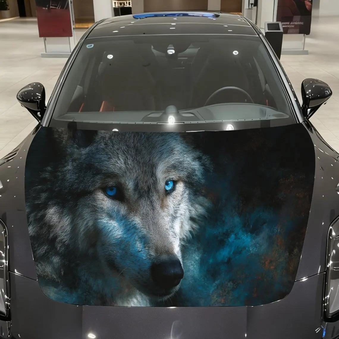 شارات السيارة الذئب مع عيون زرقاء جذابة في الخيال العلمي - Fi Infused Close - Up Scene Creation ملصق غطاء السيارة، مقاوم للماء ذاتي - A