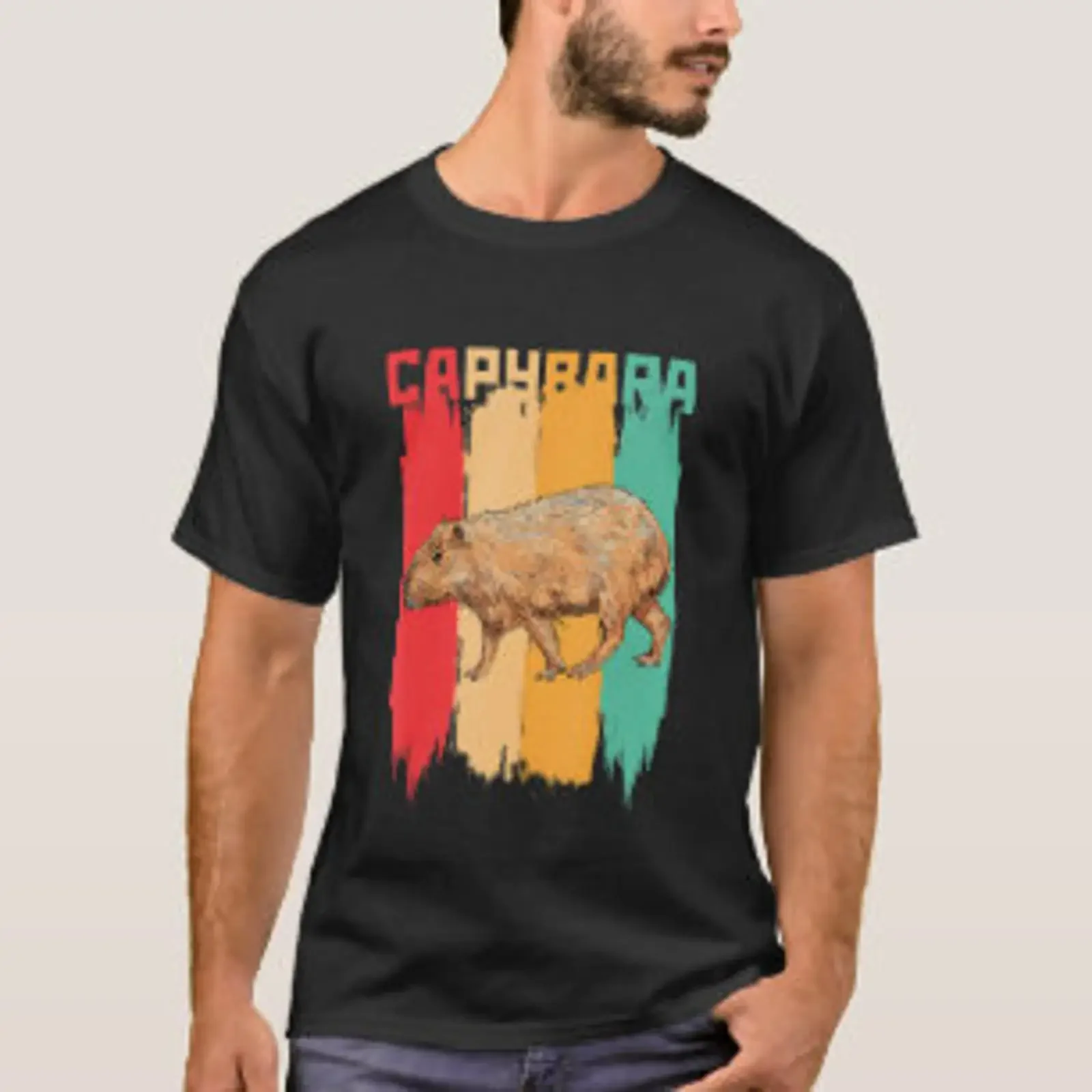 T-shirt Capybara Rétro Vintage Style Coucher de Soleil, délavé, streetwear homme, extensible, respirant, légèrement tendance