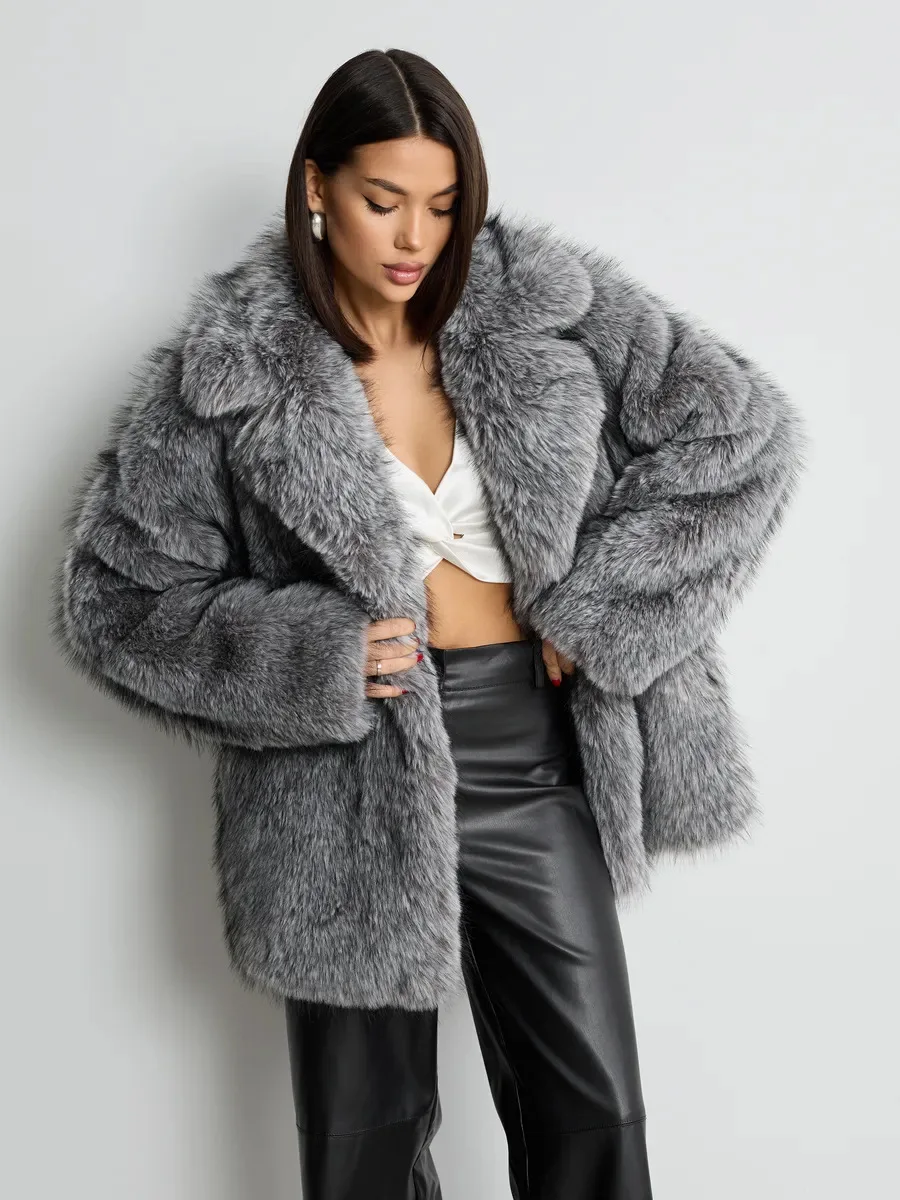 HDHOHR 2026 Winter Elegant Luxury Chic Thick Warm Soft Faux Fox Fur Coat Women Long Sleeves High Quality Fluffy Jacket Oversized