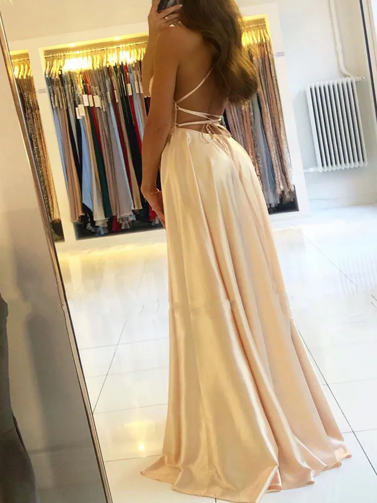 Elegant Women Maxi Beach Satin Dress Sexy Leg Slit Lace up Evening Prom Gown Adjustable Straps Bridesmaid Dresses