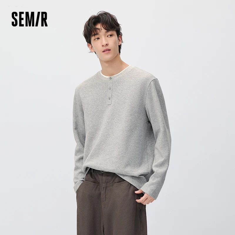 Semir Men Knit Tshirt Waffle Knit Layered Look Half Placket 2026 New Winter Daily Wear Urban Casual Style Cold Weather Layering
