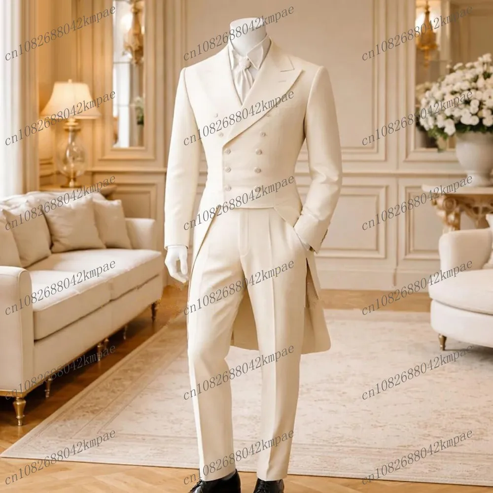 

Новый белый длинный пиджак, мужской костюм для свадьбы, вечеринки, жениха, шафера, выпускного, деловой мужской смокинг, комплект из 2 предметов: пиджак и брюки