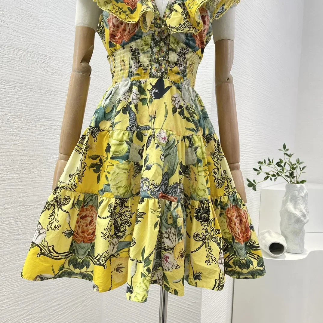 Mini robes à imprimé floral jaune pour femmes, sans manches, col en V, diamants, volants PMurcia, taille découpée, robes pour les vacances, nouveau, 2024