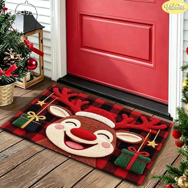 VIKAMA Purple Reindeer Moon Star Floor Mat Washable Entry Rug Front Door Porch Xmas Winter Decor Washable Entryway Rug