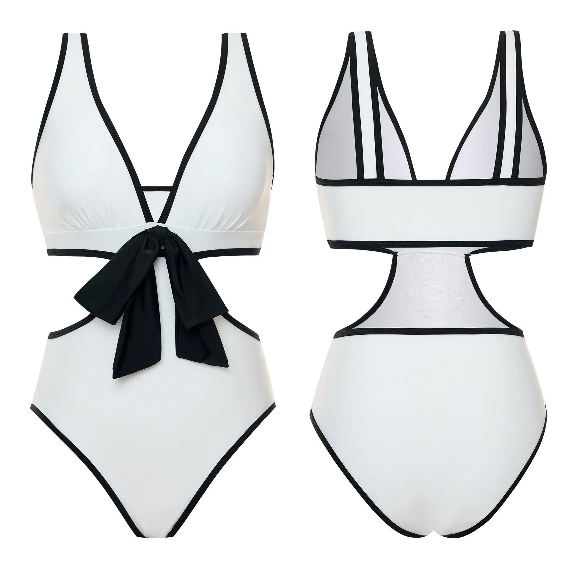 2024 ใหม่ชุดว่ายน้ําสตรีเซ็กซี่ Slim FITTING One-piece สามเหลี่ยมสีทึบสีดําและสีขาว Splicing ชุดว่ายน้ํา 2 ชิ้นชุด