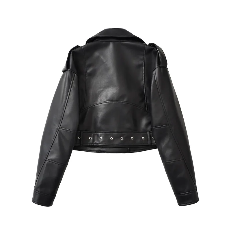 الخريف موضة التباين اللون فو بولي Leather بدلة جلدية سترة المرأة عادية محززة طوق واحدة الصدر كم طويل بليزرات معطف