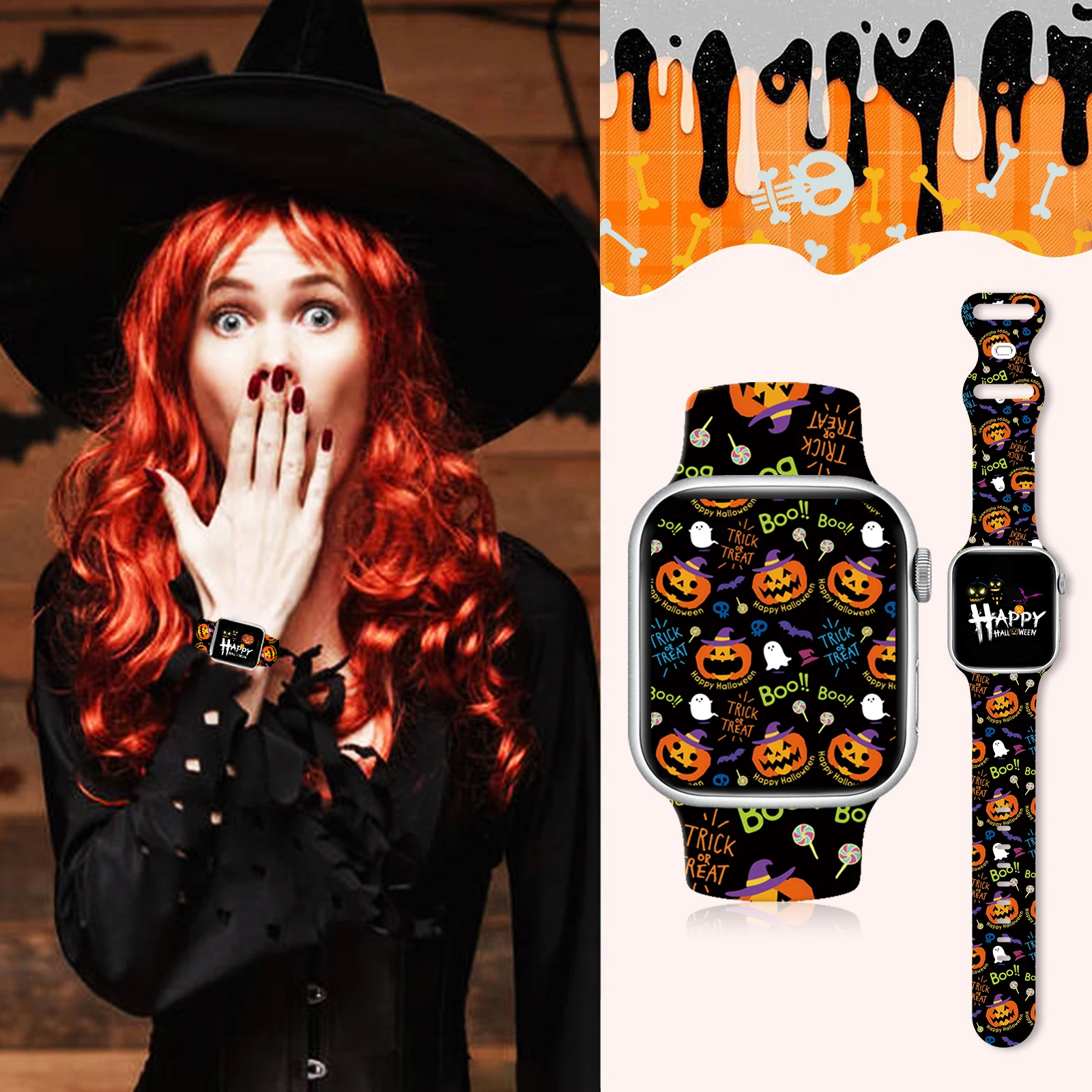 Halloween Series 1 Silicone Printed Strap for Apple Watch 9 8 7 SE 6 Band Replaceable Bracelet for iWatch 45mm 42mm 41mm