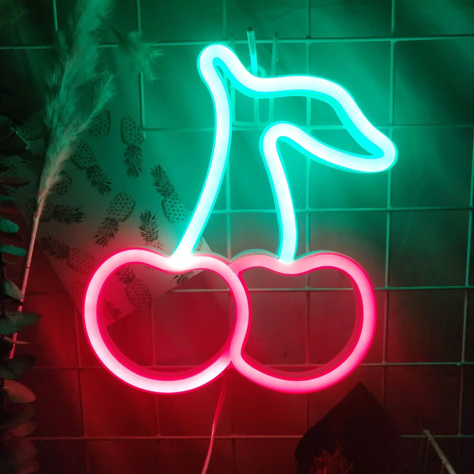 Cherry Shaped Neon Lamp Heart Fruit Restaurant Wall Neon Sign for Party Wedding Christmas Shop Birthday Home Decoration