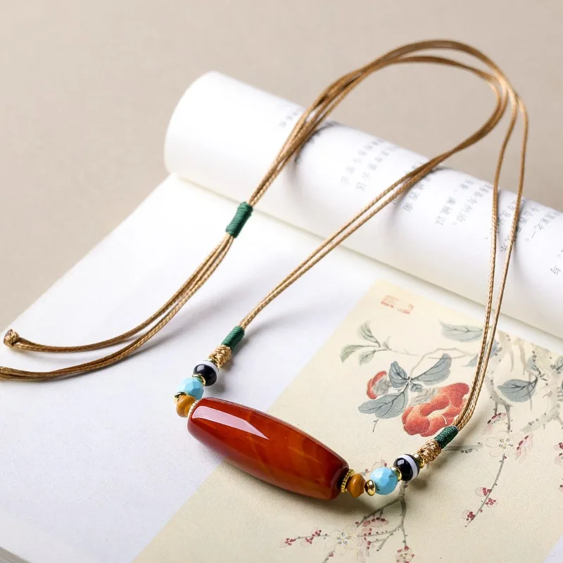 Handwoven Warring States Red Agate Dzi Bead Necklace Leather Cord Clavicle Chain Jewelry Gifts