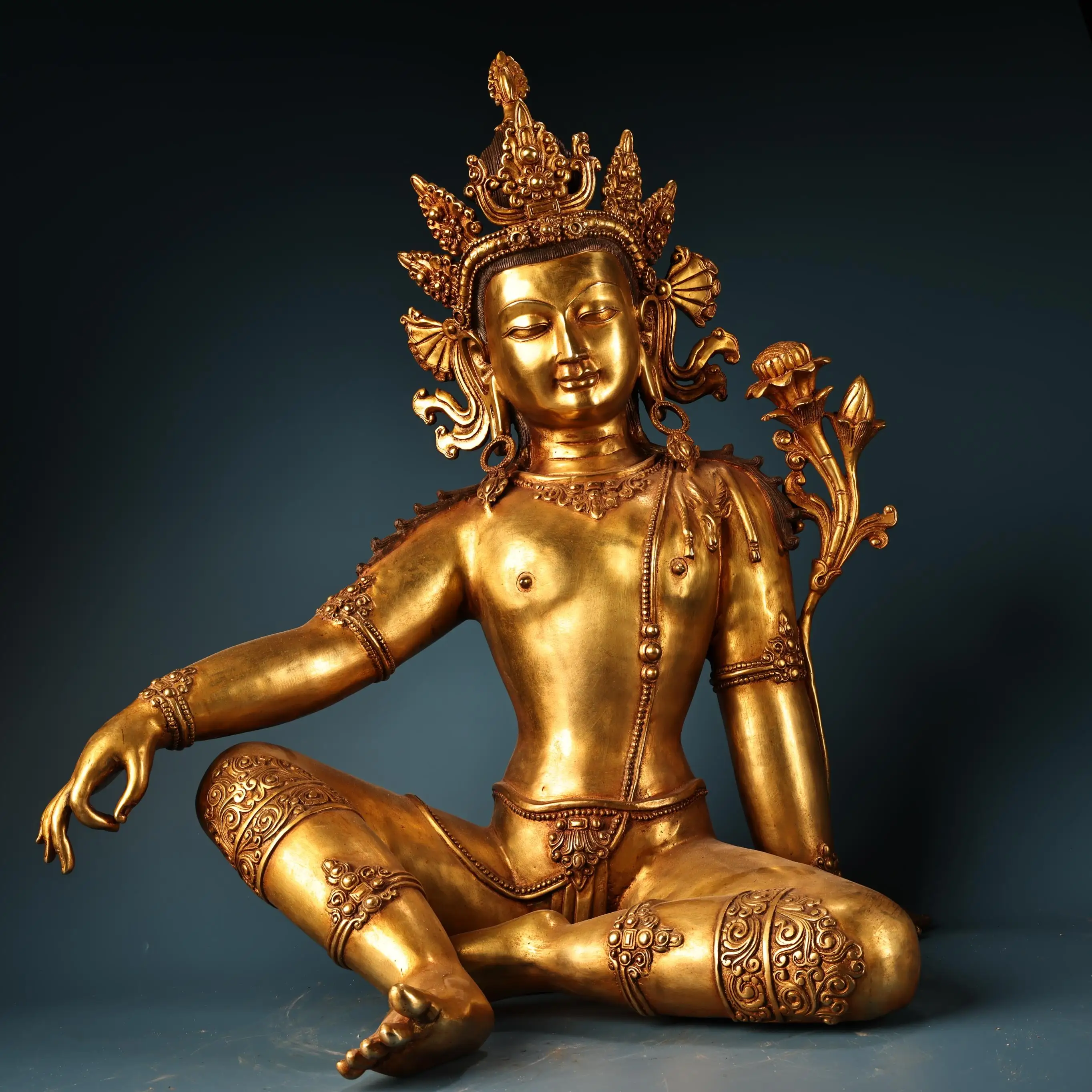 

25"Tibetan Temple Collection Old Bronze Gilded High Relief Free Green Tara Sitting Buddha Amitabha Worship Hall Town house