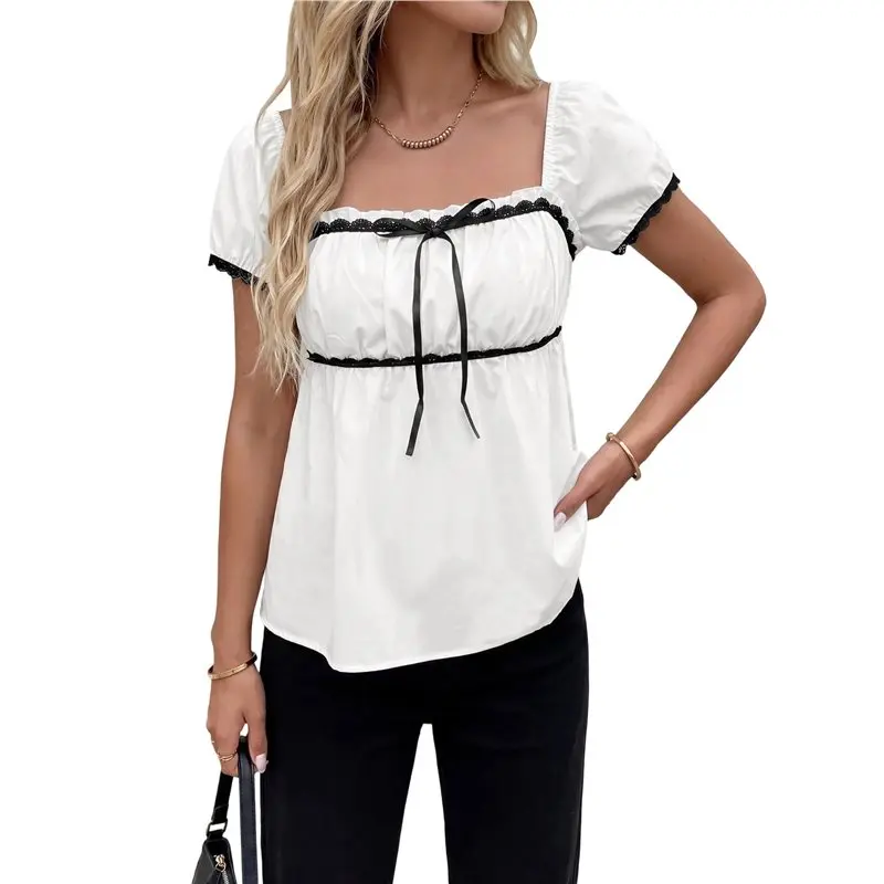 

CYL-Women's Square Neck Short Sleeve Tops Cute Summer Blouse Babydoll Top T Shirt White S