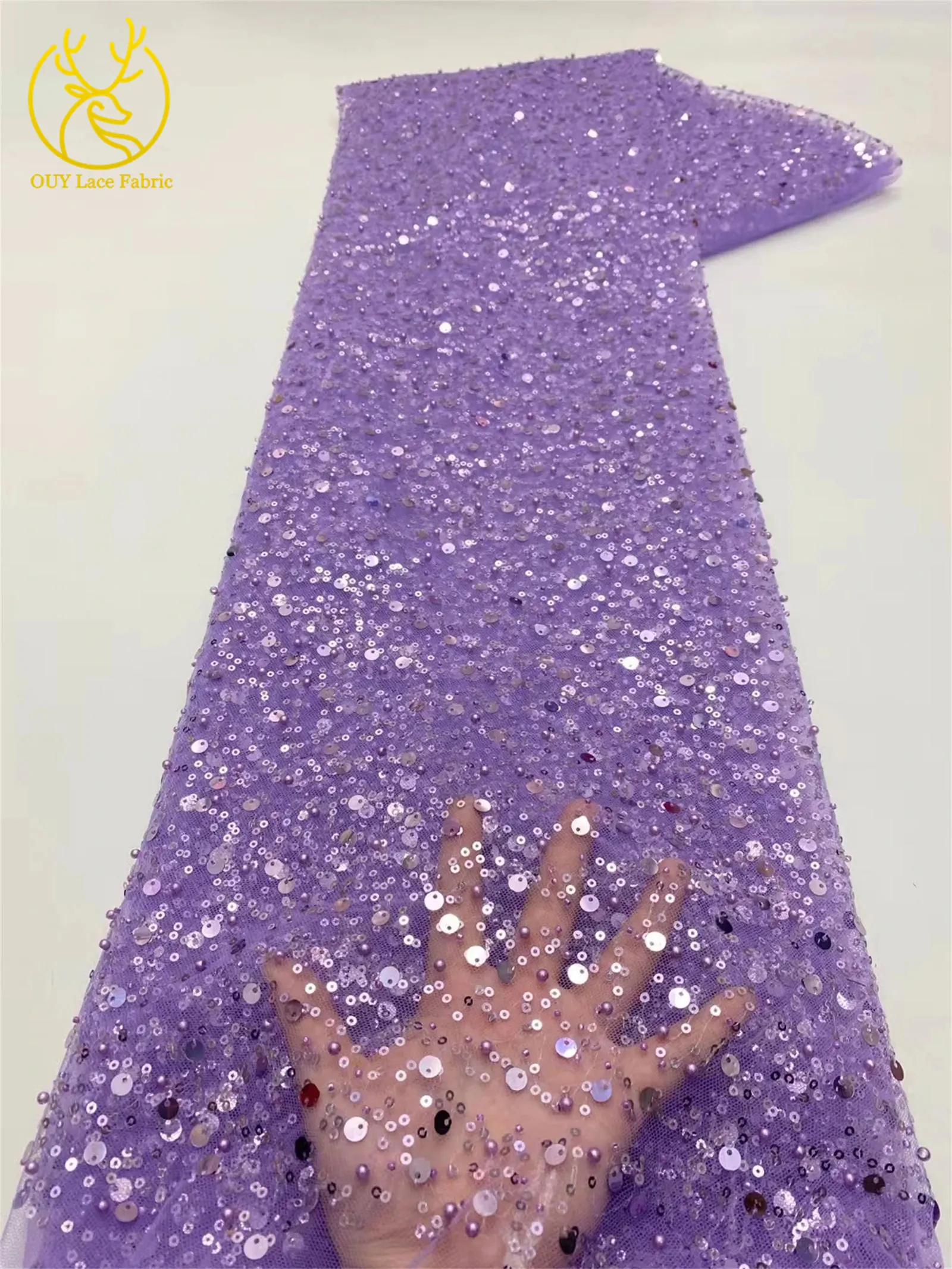 Rosa afrikanischer Tüll-Spitzenstoff mit Pailletten, 5 Yards, hochwertige nigerianische Perlen-Mesh-Spitze für Brautkleider, Hochzeitsfeiern und Näharbeiten. – Detail 12
