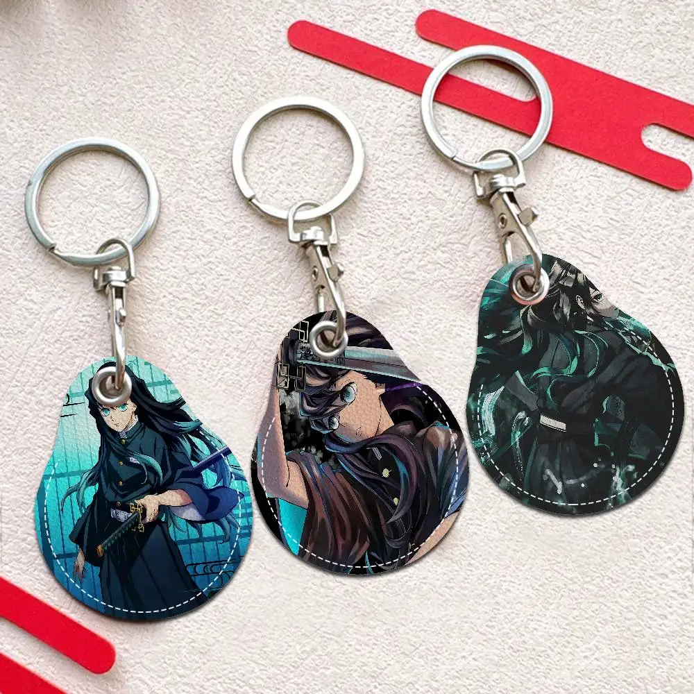 Muichiro Tokito PU Leather Card Holder Keychain Key Ring Door Access Tags Case Keychain Access Card Bag Key Tag Ring