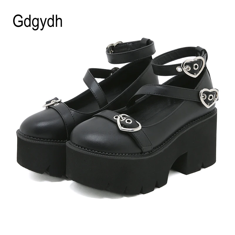 Gdgydh Platform Lolita Shoes On Chunky Heels Spring Cross Bandage Women Mary Jane Shoes Kawaii Cospaly Heart Buckle Big Size