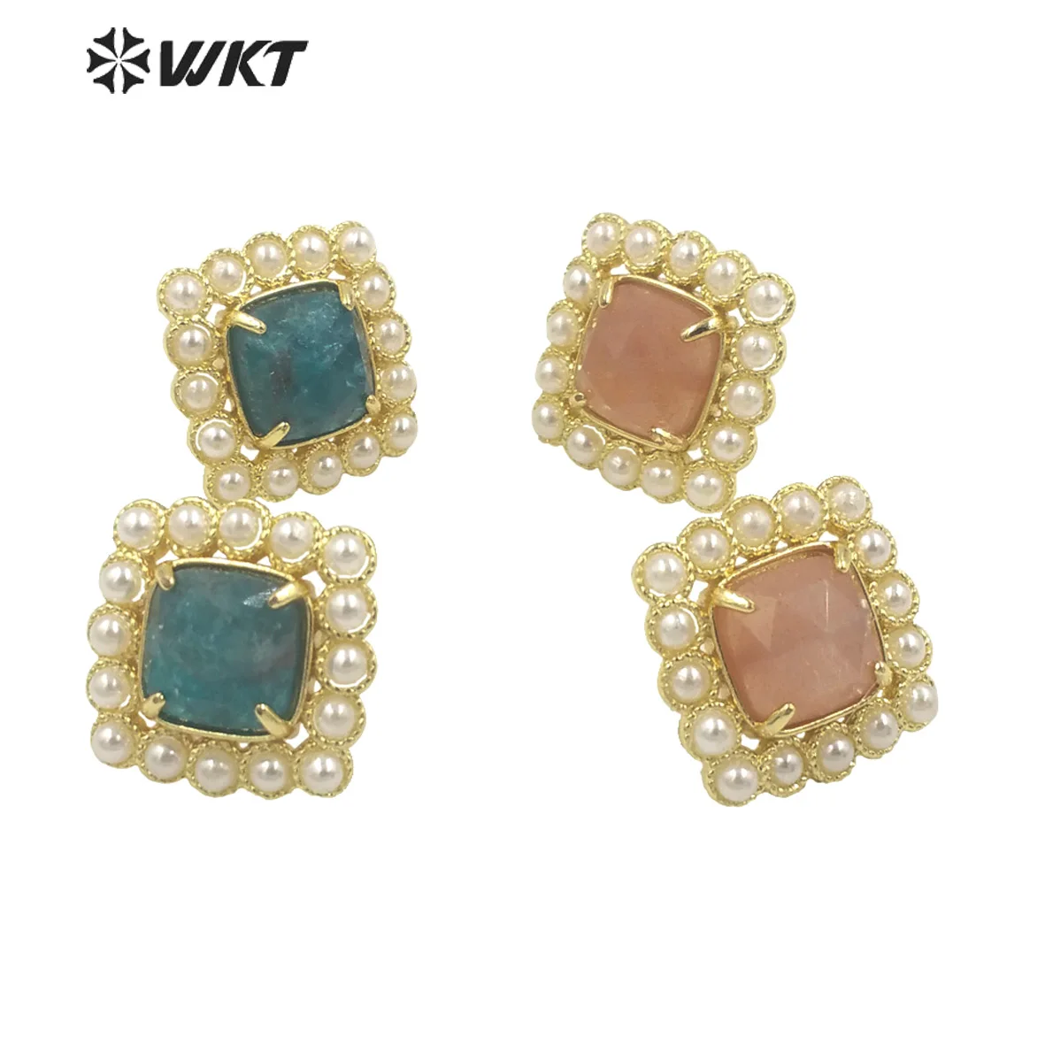 

WT-MPE120 Amazing Elegant Square Artificial Pearl With Natural Stone Claw Setting Women Bohemian Studs