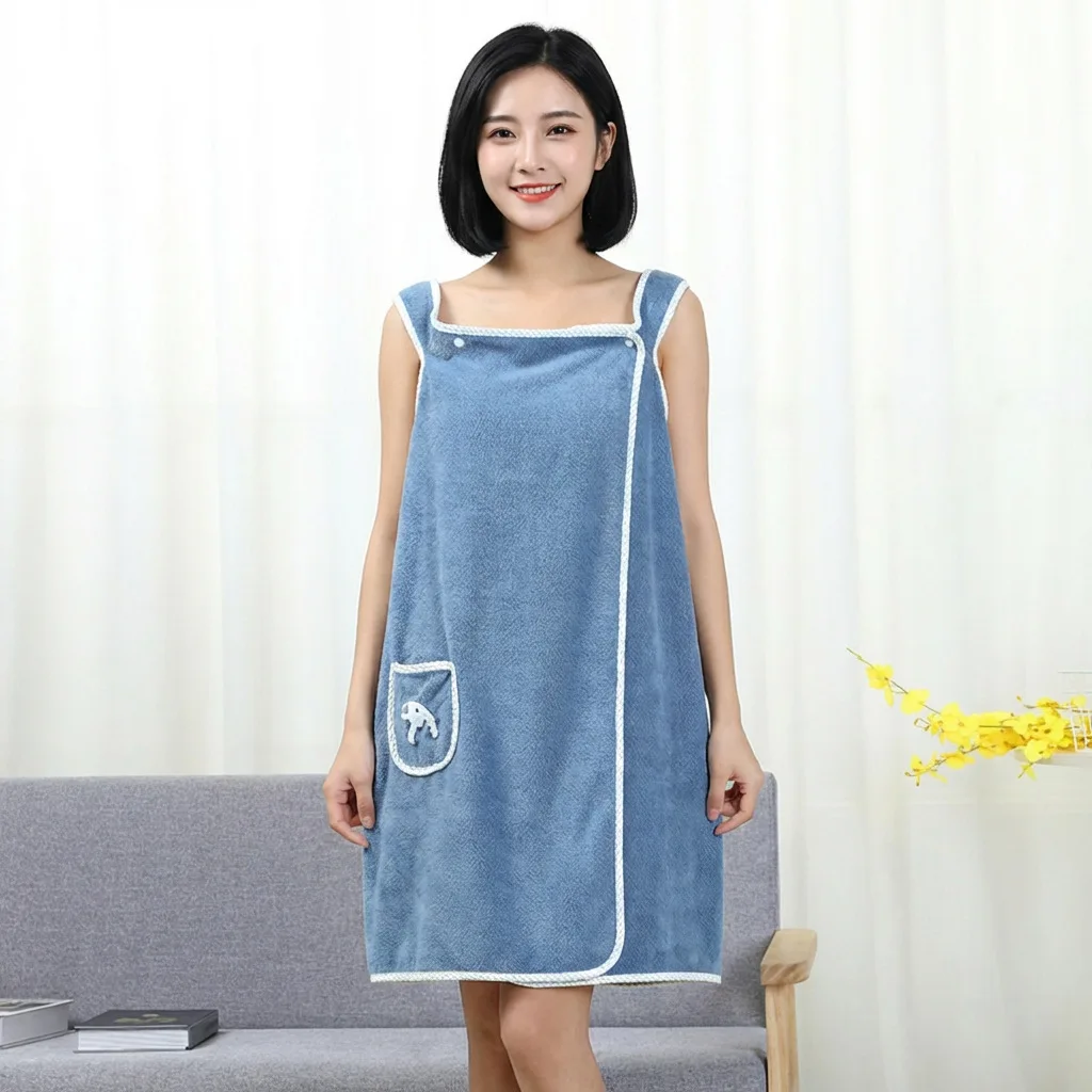 Coral Fleece Bath Skirt Soft Thick Highly Absorbent Wearable Towel with Bow Pocket Suspender Style Robe for Bathroom - view 2