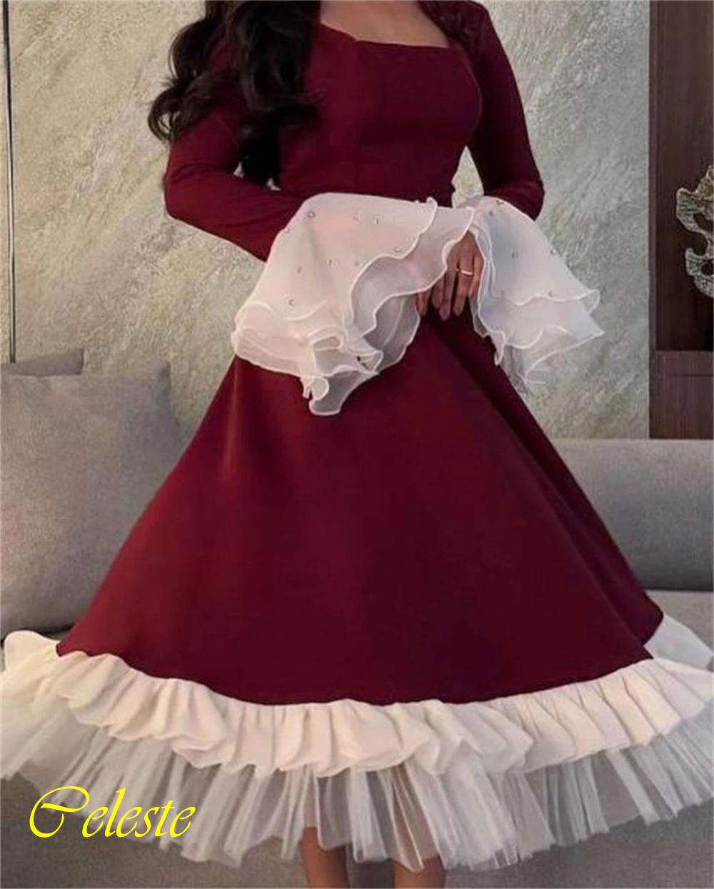 Customized Square Collar Flare Sleeves Jersey A-Line Evening Dress Luxury Party Dresses Delicate Special Occasion Gowns