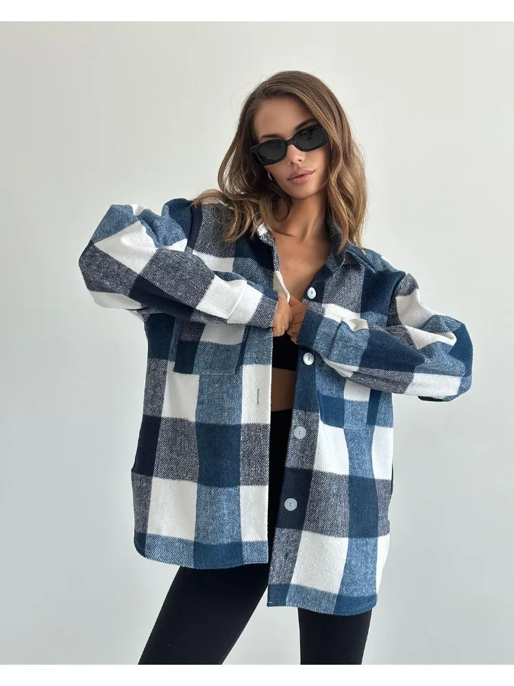 

Women Plaid Shirt Tweed Blouse Long Sleeve Cardigan Single-breasted Vintage Harajuku Windbreaker Tops Spring Autumn Coat New