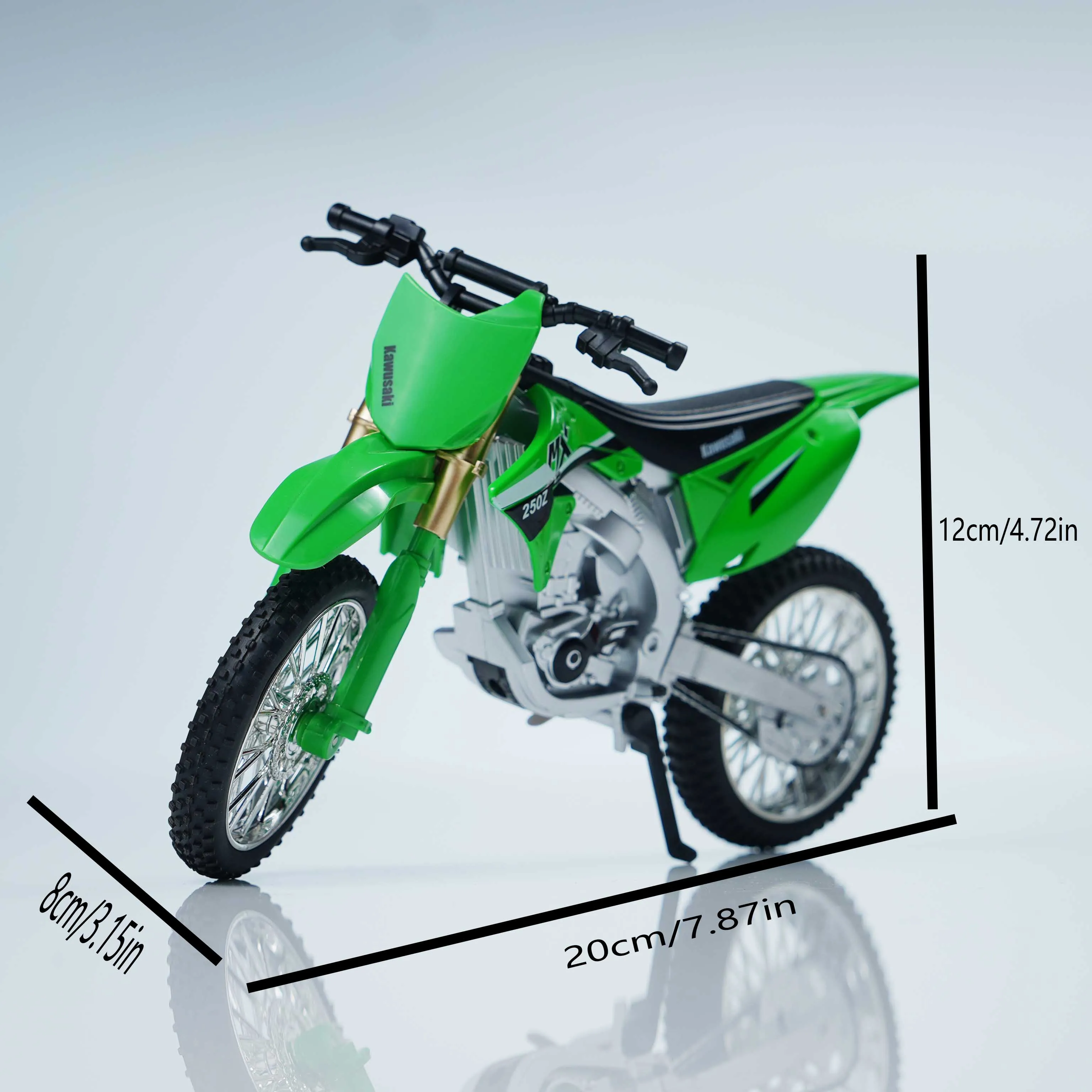 Motocicleta off-road em escala 1:10, verde e laranja, modelo de veículo fundido pré-construído, adequado para regalar ou coletar.