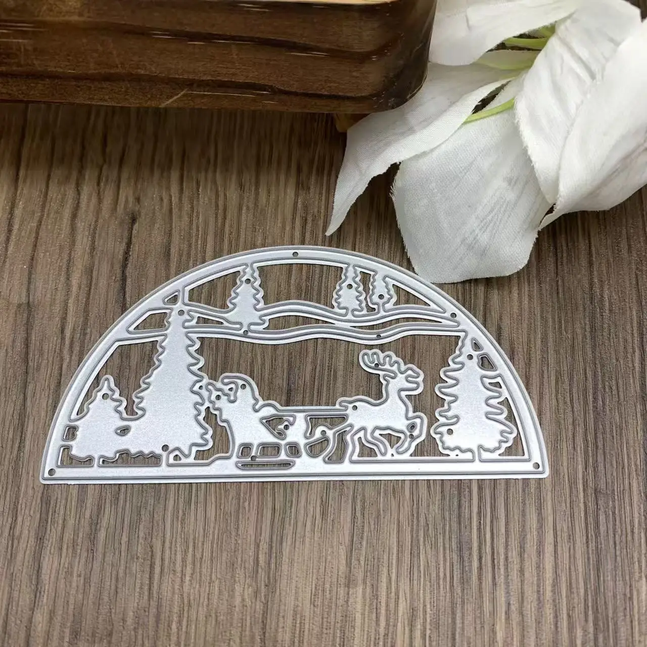 Semicircle Christmas Snow Scene Reindeer Sleigh Metal Cutting Dies Holiday Forest Border DIY Scrapbooking Card Making Dies