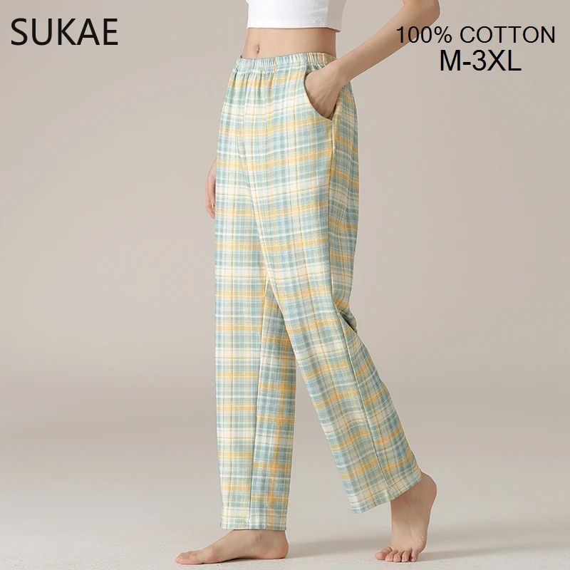 SUKAE 100% Cotton Women Bottoms Autumn Spring Full Pants Plaid Sleepwear Trousers Chic Printing Nightwear M-3XL Woman Homewear