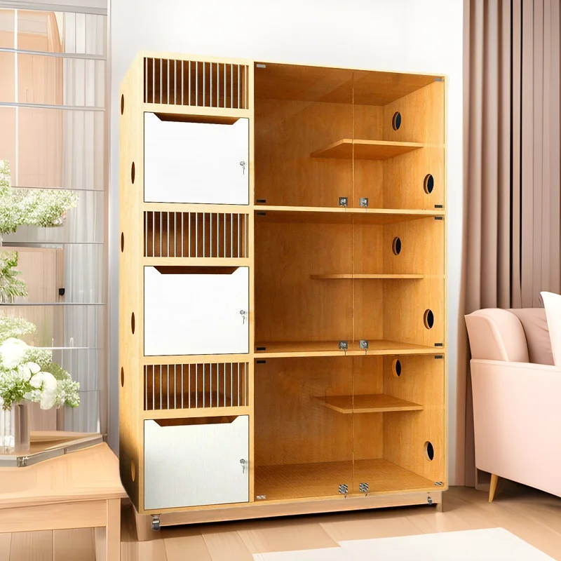 cat cage solid wood villa display cabinet cage pet store with three-layer glass cabinet foster cage nest cat house