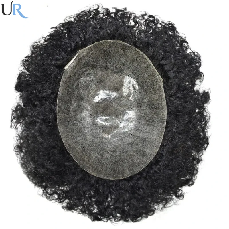 شعر مستعار للرجال 100% شعر بشري مجعد كامل من البولي يوريثان قاعدة شعر مستعار للرجال السود استبدال الشعر عالي الكثافة