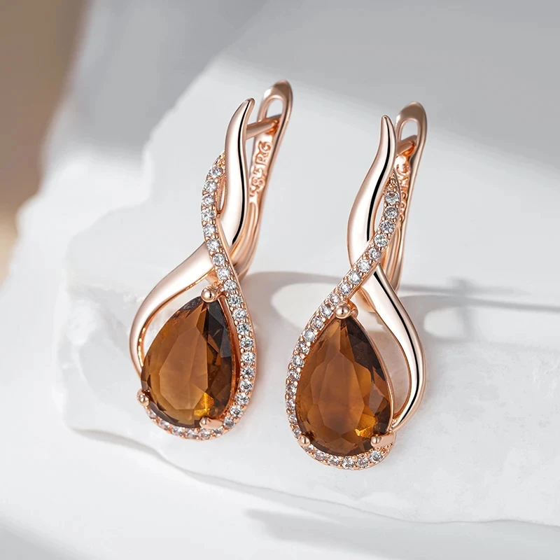 Wbmqda Brown Stone Long Drop Earrings For Women 585 Rose Gold Color High Quality Daily Party Jewelry Accessories