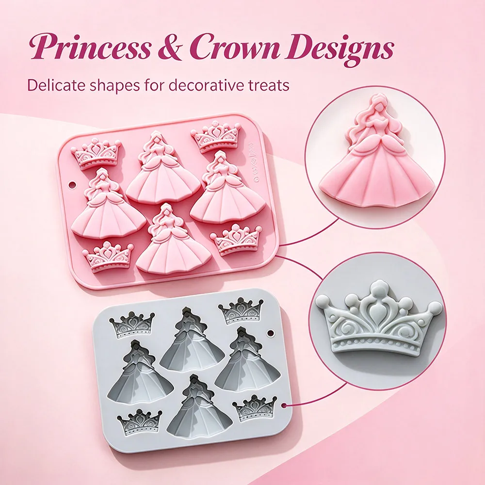 Princess Dress Crown Silicone Mold,8 Cavity Princess Chocolate Molds for Fondant, Jelly Cake Decorating,Soap Making Baking Mold