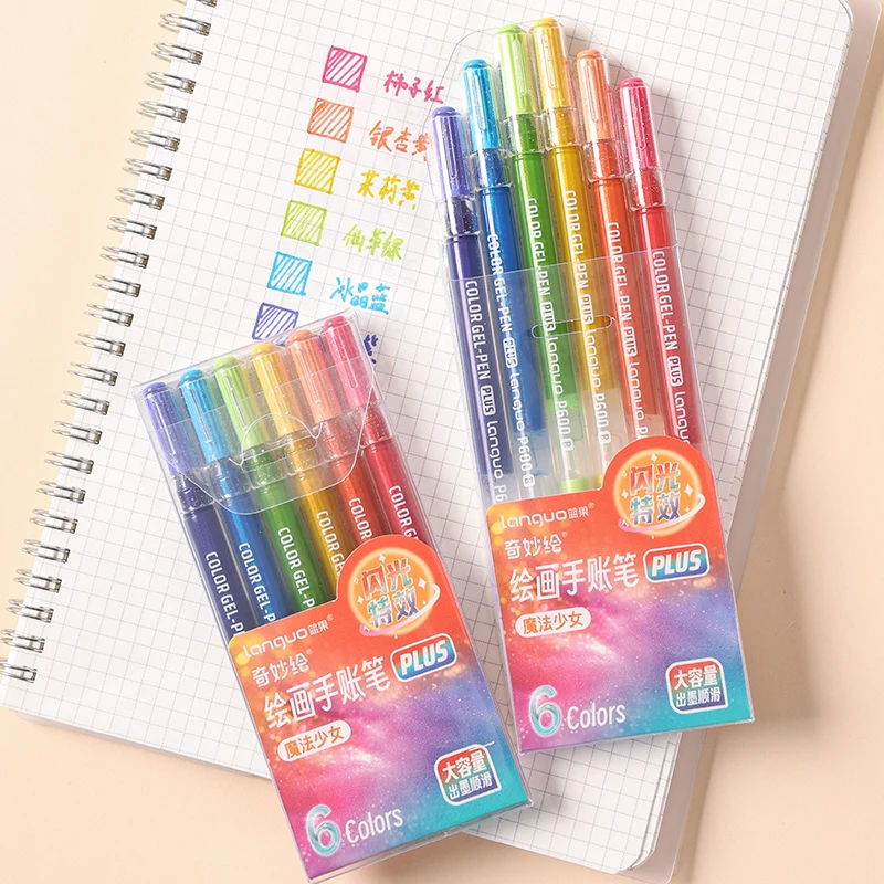 

LANGUO 6 Colors Glitter Effects Gel Pens 1.0mm Writing Pens Set Paper Cardstock Diary Drawing Marking Coloring DIY New Colors