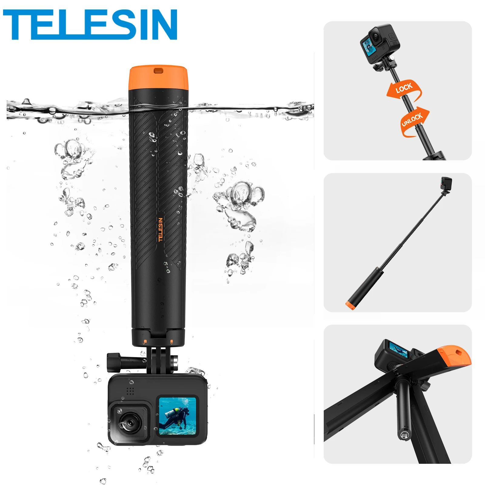 TELESIN Wysięgnik do nurkowania Wysuwany podwodny statyw do selfie do Gopro Insta360 DJI OSMO Akcesoria do kamer akcji
