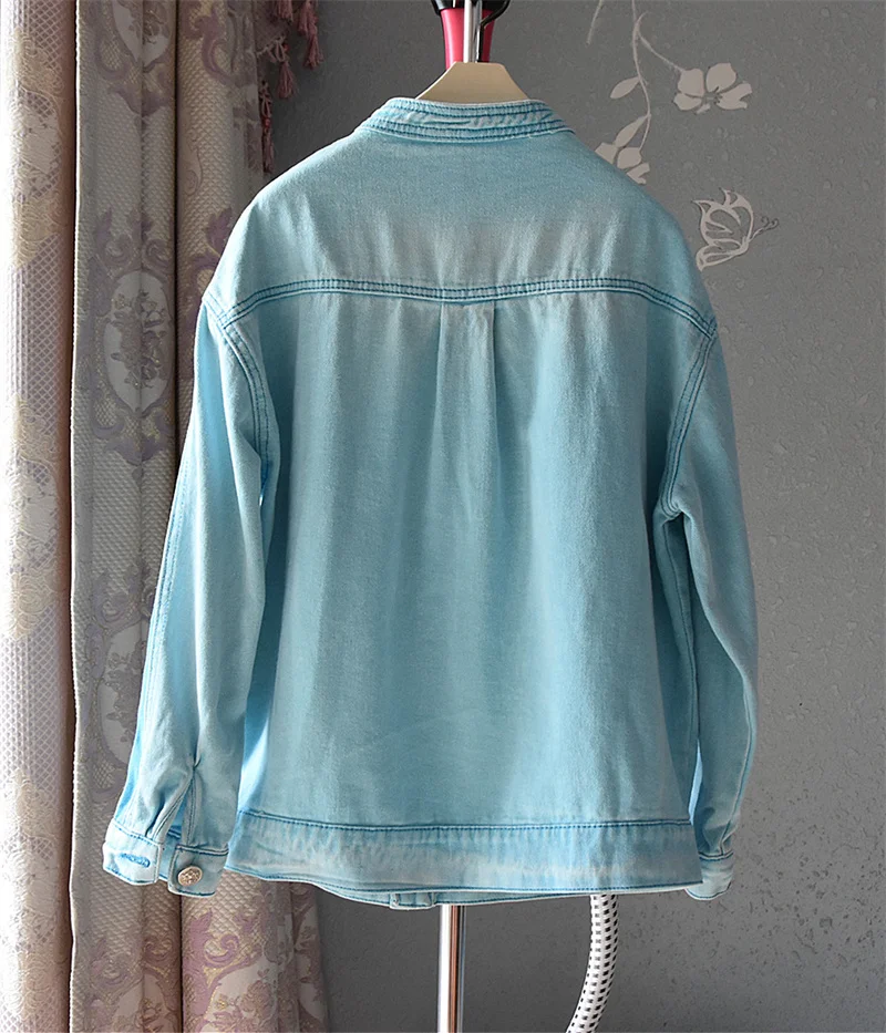 سترة عصرية من القطن الخالص من قماش الدنيم للنساء لصيف 2025 مطرزة بالكرز أزرق فضفاض وأكمام طويلة أنيقة للسيدات #2