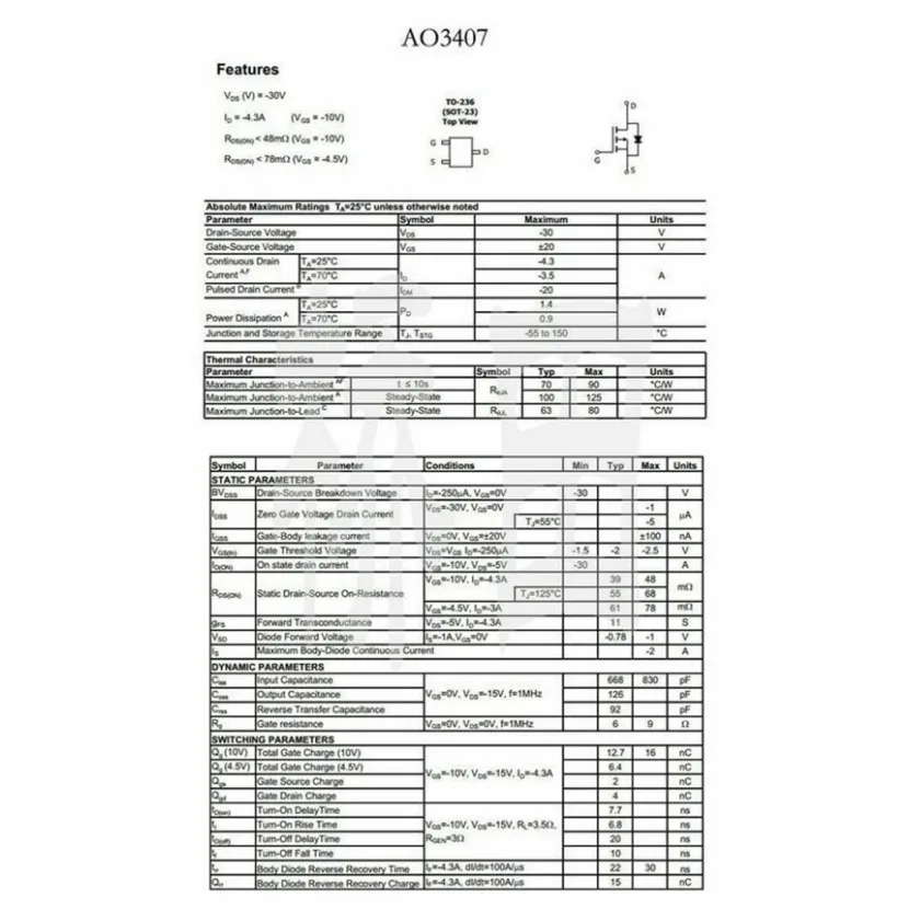 100 шт. AO3407 A79T 4.3A 30V SOT23 SMD MOS P-Channel MOSFET транзисторы