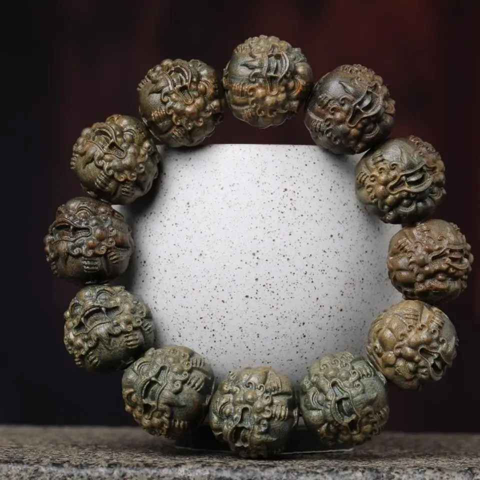 

Authentic Green Sandalwood Purple Sandalwood Carving Solid Wood PiXiu Bracelet Attract Wealth Open Luck Bring Blessed HandString