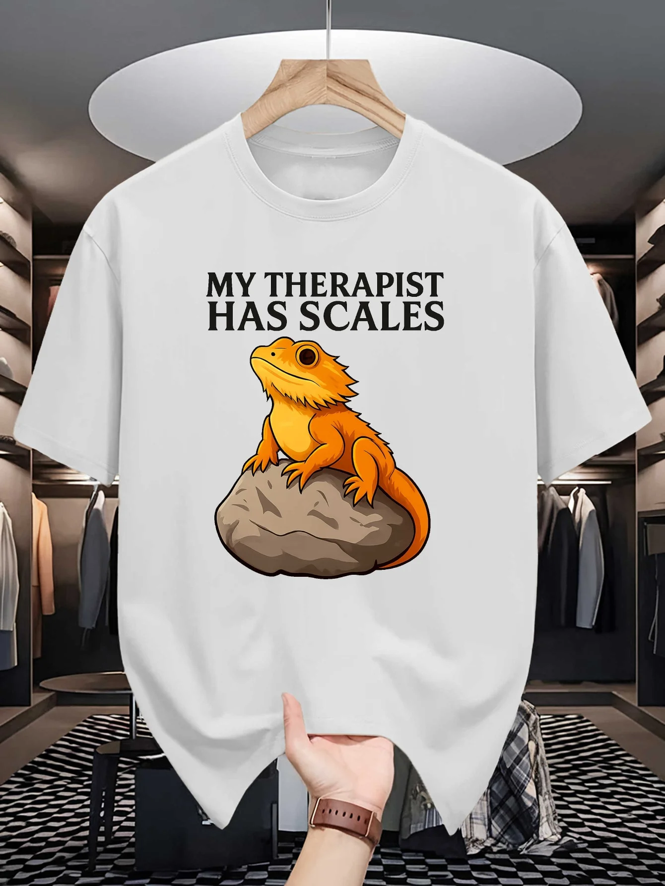 My Therapist Has Scales Print Mens Crew Neck T Shirt Bearded Dragon Lizard Graphic Short Sleeve Casual Cotton Trendy Street Tees