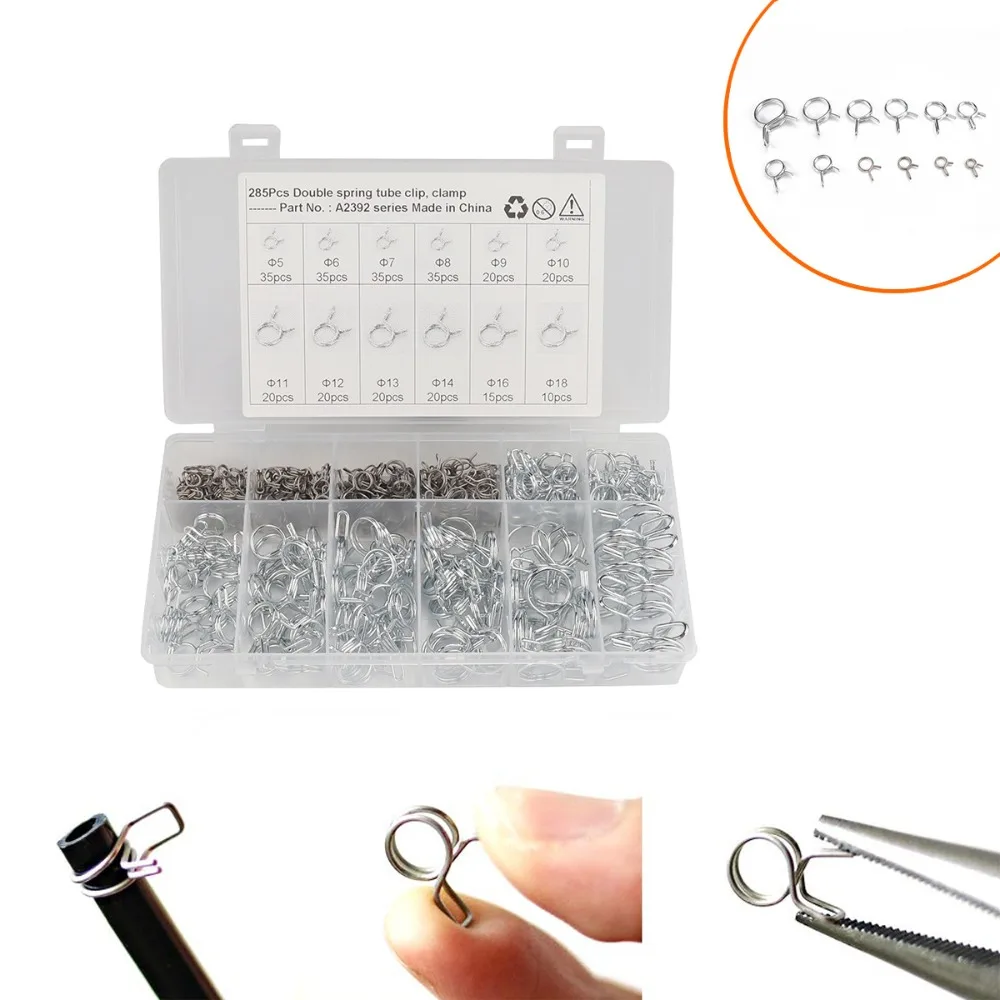 285 Pieces of Fuel Double-wire Spring Clamp Boxed Hose Water Pipe Clamp Φ5-Φ18 Fuel Line Silicone Hose Spring Clamp Galvanized