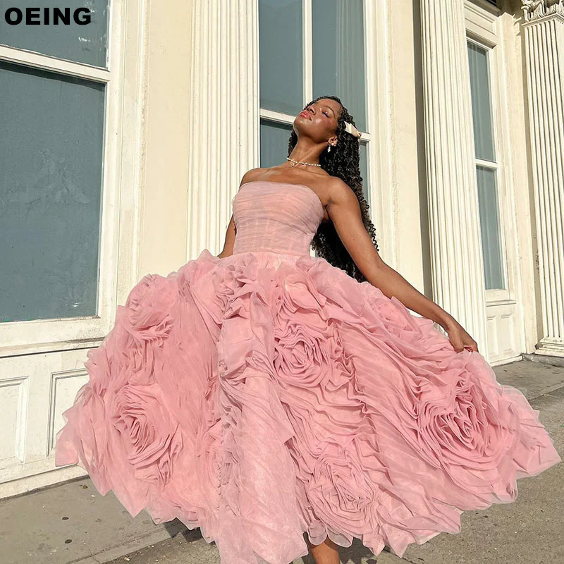 OEING Pink A-Line Prom Dresses Elegant Flowers Tulle Tiered Evening Dress For Women Special Occasion Gown Vestidos De Novia