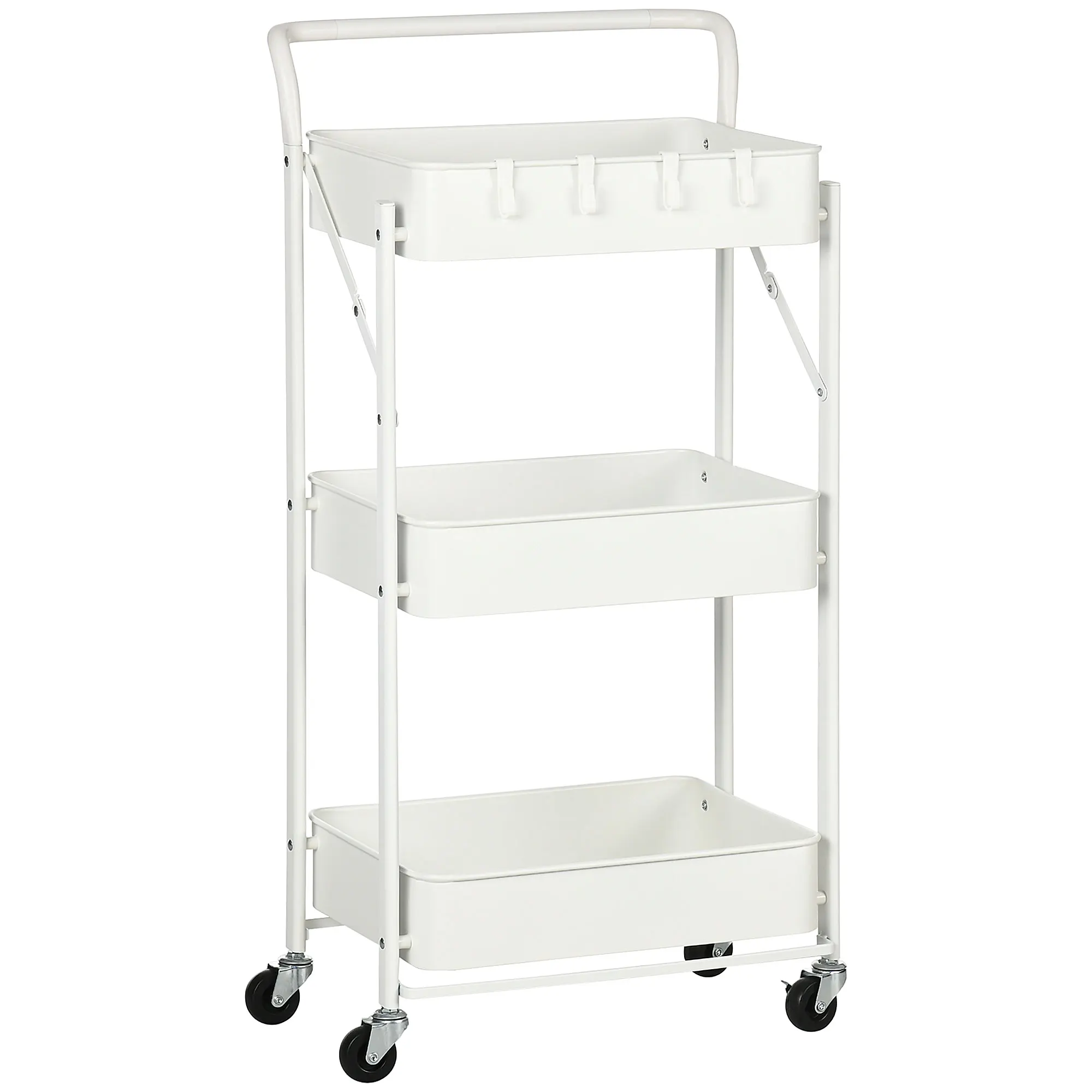 HOMCOM Steel Folding Wheel Auxiliary Cart 3-tier Storage Cart with 4 Hooks and 3 Removable Baskets for Bathroom Kitchen Living Room 43x31x89 cm White