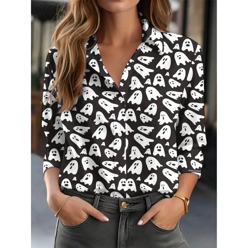 Halloween-themed fun print women's long-sleeve casual top with unique and eye-catching design versatile for daily commuting
