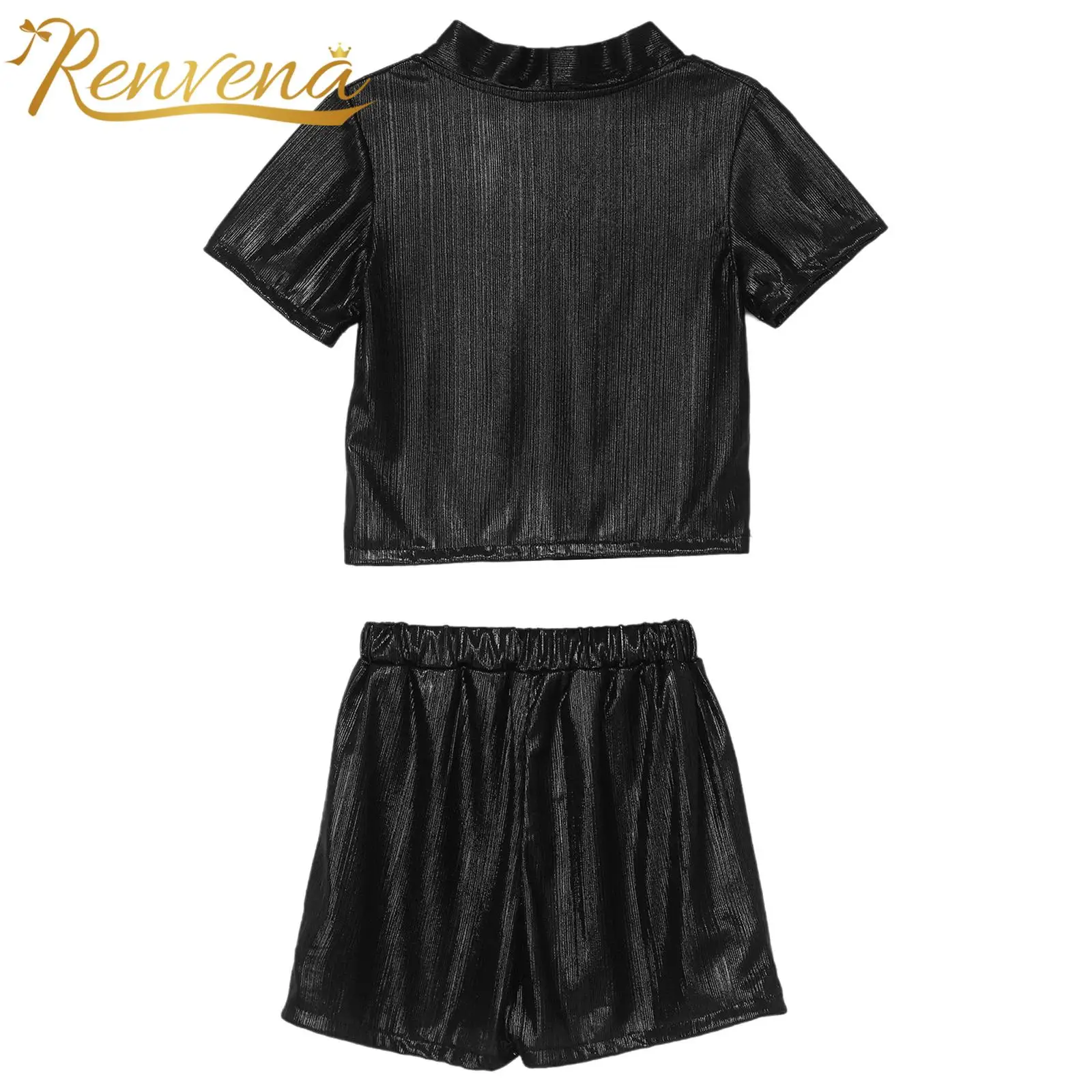Children Short-sleeve Necktie T-shirt with Shorts Jazz Dance Performance Outfit Kids Boys Girls Metallic Disco Hip Hop Clothes