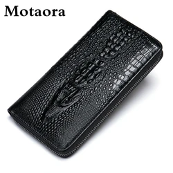 MOTAORA-cartera de piel auténtica con patrón de cocodrilo para hombre, monedero masculino, bolso de mano de negocios a la moda, tarjetero informal con relieve