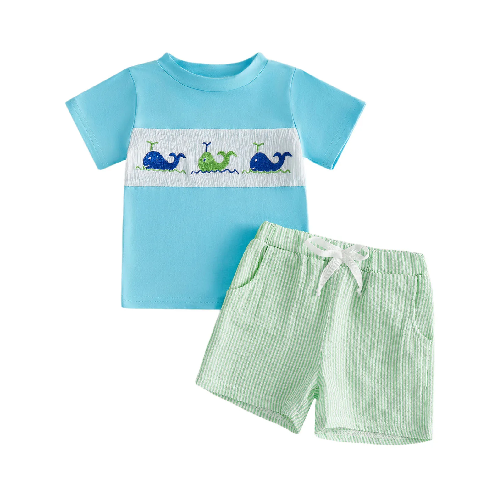

Toddler Boys Summer Outfits Whale Embroidery Short Sleeve T-Shirts Elastic Waist Shorts 2Pcs Clothes Set