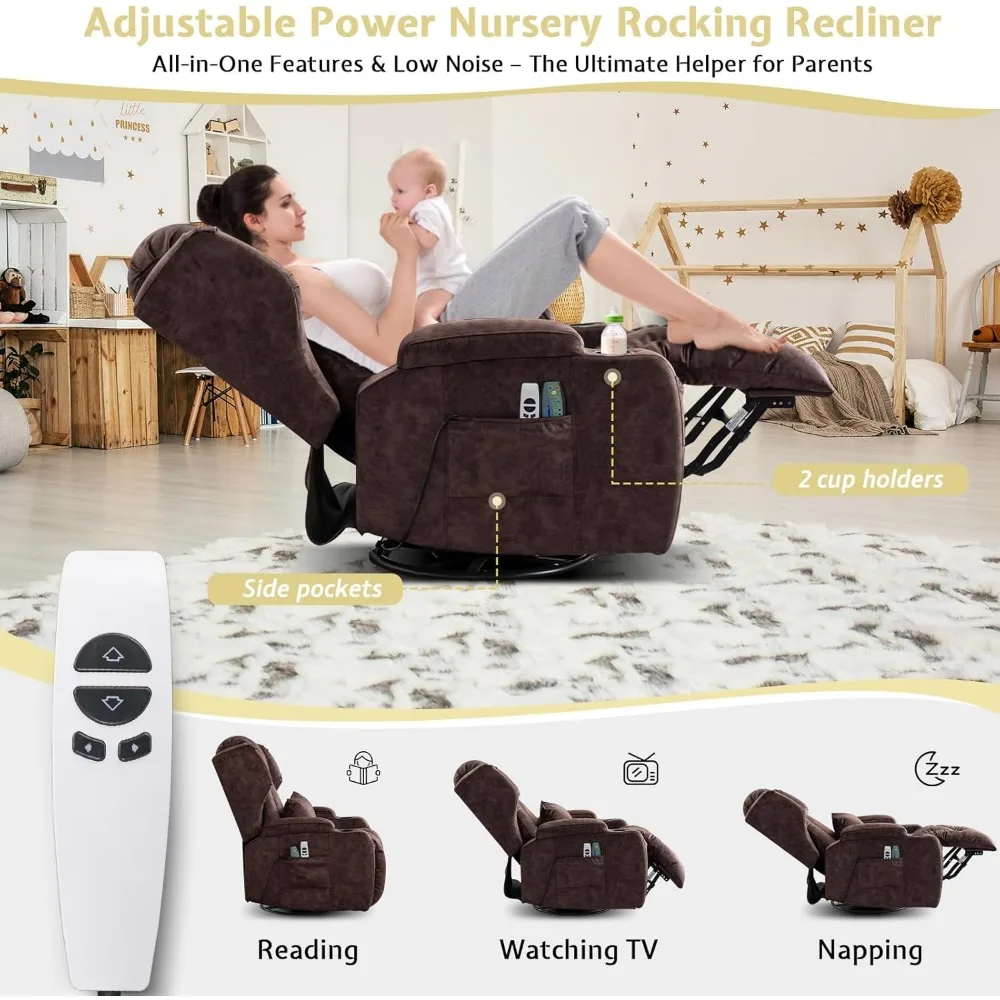 كرسي هزاز دوار كهربائي مع تدليك وحرارة، أريكة استلقاء على الحائط كهربائية للبالغين مع ضوء LED/حاملات أكواب #5