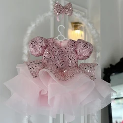 Flower Girl Dresses Pink Tulle Puffy Sequin With Bow Short Sleeve For Wedding Birthday Party First Communion Gowns