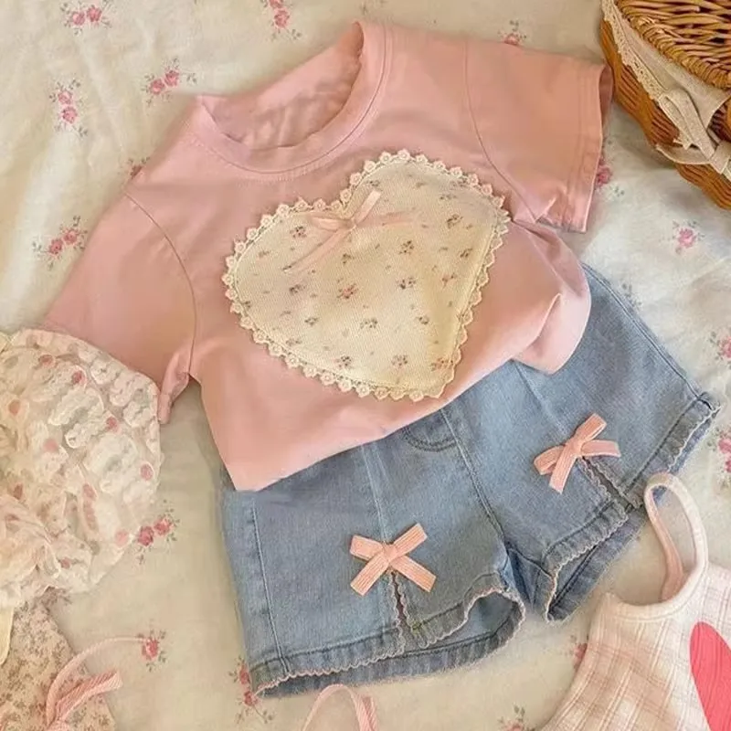 

Girls' Summer Outfit Stylish Bow Short SleeveTT-shirt+Two-Piece Shorts Set for Baby Girls Cute Summer Outfit