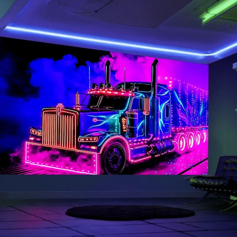 VIKAMA Cyberpunk Cyber Neon Heavy Truck Steam Night Scene Tapestry, Industrial Wall Hanging for Bedroom Living Room Dorm