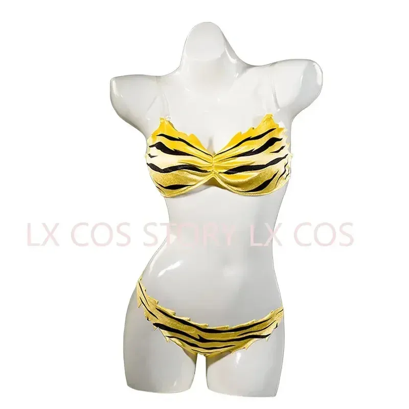 QQ 123Lum อะนิเมะ Urusei Yatsura Lamu Invader คอสเพลย์ชุดวิกผมเสือ-ลายบิกินี่ว่ายน้ำ