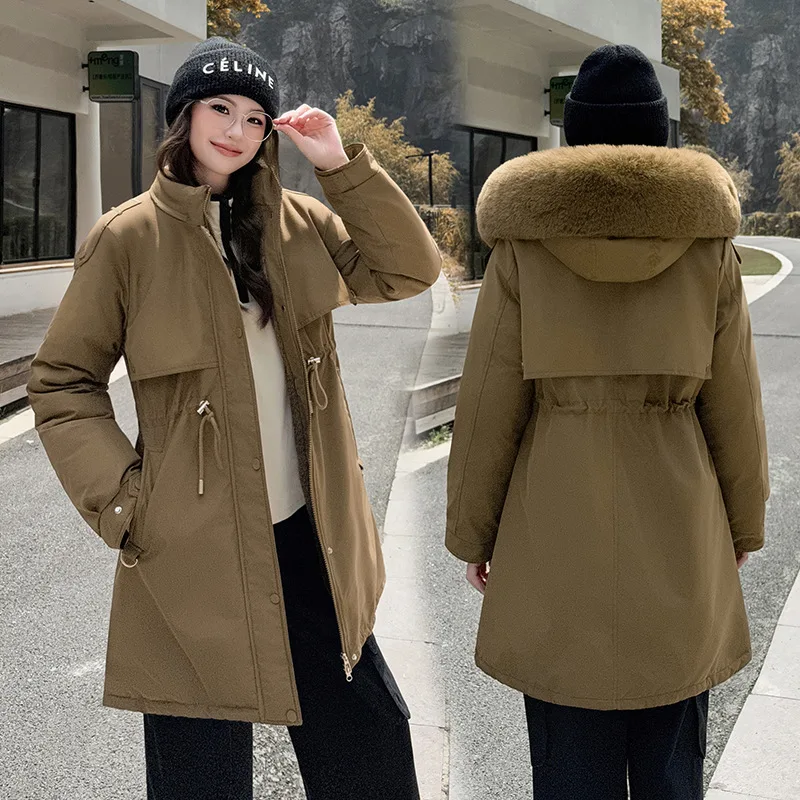 Parka da donna aderente in vita Autunno Inverno Moda Collo in pelliccia Giacca ispessita foderata in pile Tasche larghe con cerniera Capispalla in cotone