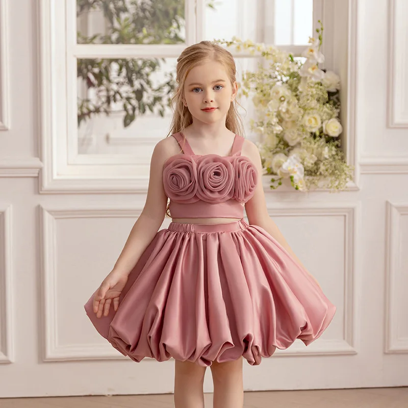 Girls Party Dresses White Wedding Bridesmaid Girl Flower Tank Top +Skirt 2Pcs Set Girls Puffy Elegant  Birthday Party Ball Gown