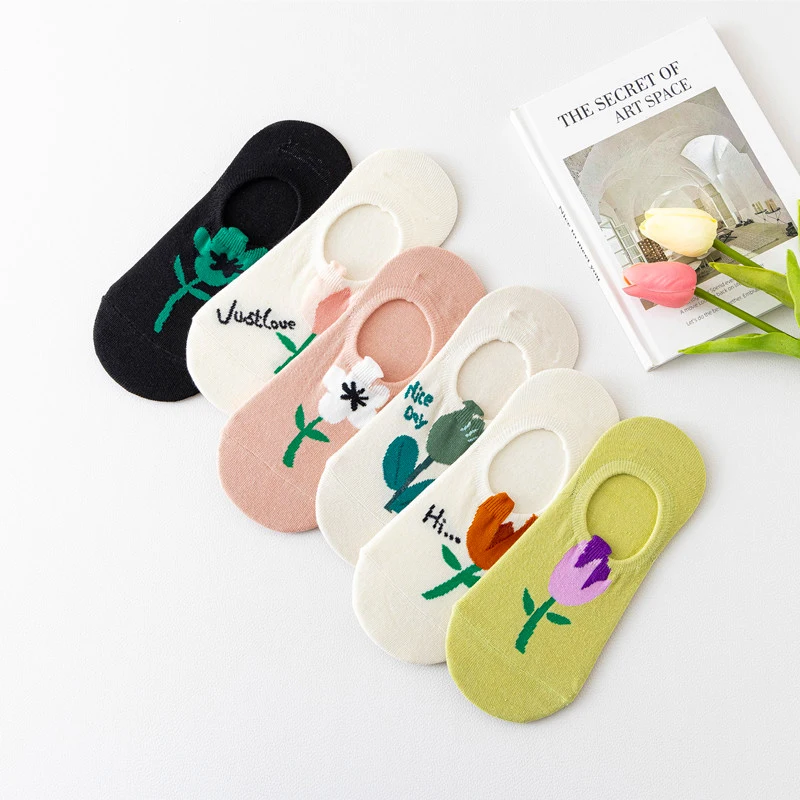 5 paires de chaussettes pour femmes, chaussettes fines, couleurs bonbons, dessin animé fleur bateau, chaussettes pour femmes, mignonnes, à bouche